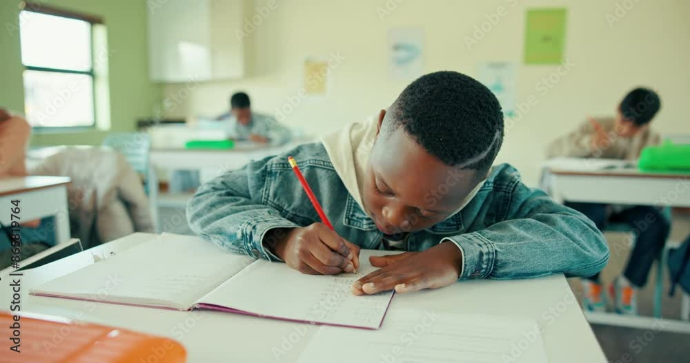 Poster School, writing and child in classroom with notebook for learning, knowledge or answer to question. Academy, student and boy kid with problem solving for assessment, education or development