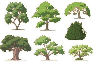 Set of different types of green trees and bushes. Nature, forest, park, garden, and landscaping design elements.