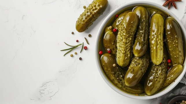 Gherkin pickles in a dish with spices White background View from above