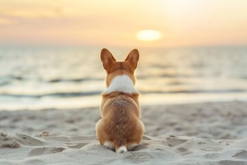 Welsh corgi sitting on the sandy beach, view from the back, beautiful sunset sky
