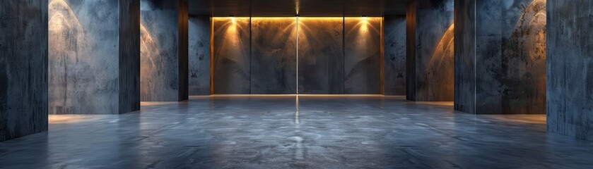 Fototapeta premium Modern industrial interior with concrete walls and polished floor, warm lighting, and empty space perfect for staging or creative projects.