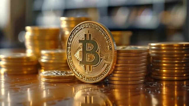 This Close-up of a golden Bitcoin coin with stacks of other coins in the background.