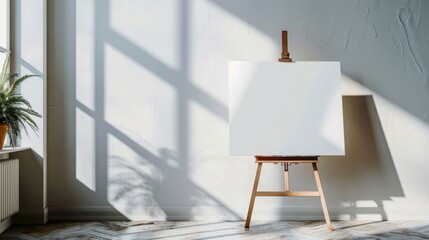 Blank canvas on wooden easel bathed in sunlight from studio window. Concept of creativity, art, inspiration, and potential.
