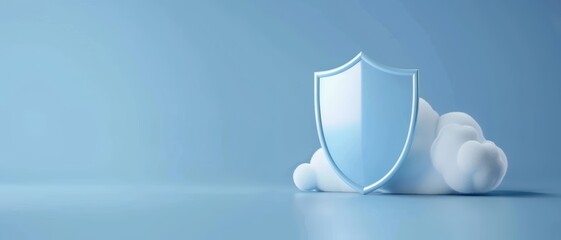 3D shield with cloud, bright sky background, security banner,