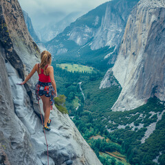 Naklejka premium Female rock climber scaling steep cliff with scenic valley view