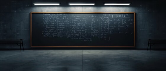 Chalkboard with mathematical equations, dim classroom lighting, educational setting