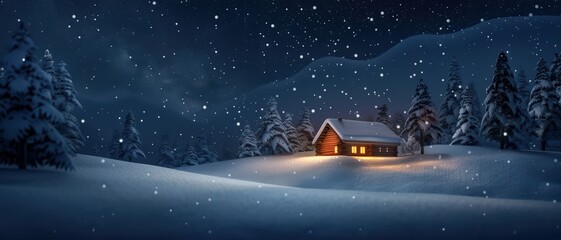 Cozy cabin in snowy mountains under starry sky