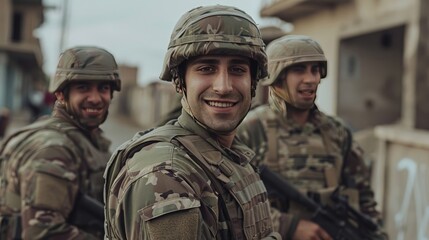 Fototapeta premium Portrait of smiling soldiers in warzone. Brave military personnel in camouflage uniform during deployment. Concept of courage, bravery, service, and duty.
