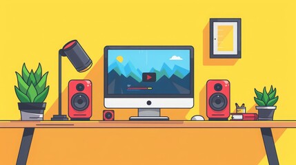 Modern home office desk setup with computer, speakers, and plants. Concept of work from home, freelance, creative workspace, technology.