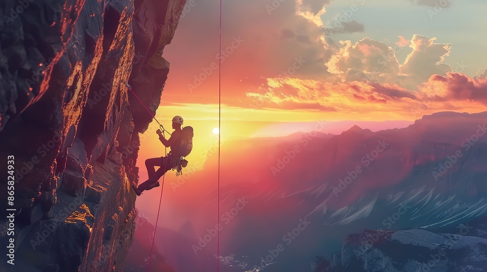 Wall mural Amazing Adventurous Extreme Sport of Rock Climbing Man Rappelling from a Cliff, Mountain Landscape - Wall murals