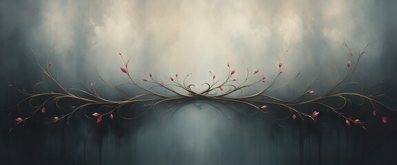 Branch Blossoms Golden Pink Leaves Stem Watercolor Abstract Serene Nature Dreamy Ethereal Background Wallpaper