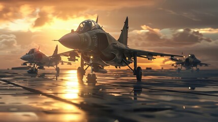Military fighter jets lined up on aircraft carrier runway at sunset. Concepts. military power, air force, defense, combat, aviation, aerospace technology