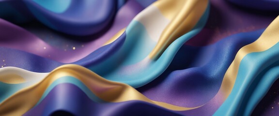 Wavy Fabric Flowing Drapery Vibrant Colors Shimmering Gold Deep Purple Turquoise Abstract Art Luxurious Feel Dynamic Texture Background Wallpaper