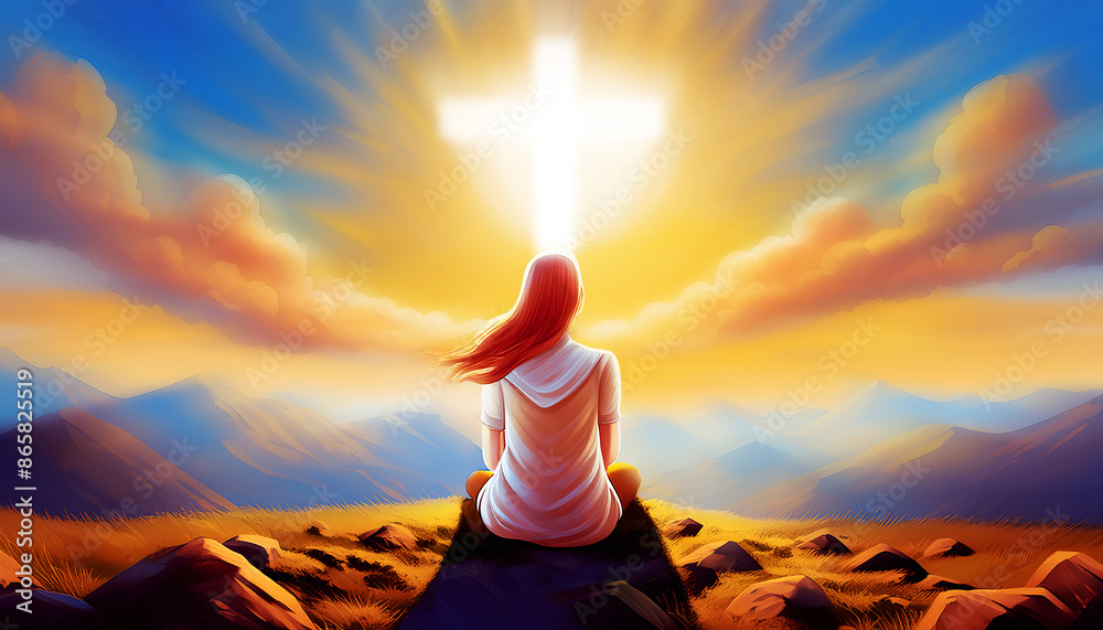 Wall mural Young woman kneeling and looking at cross in sky