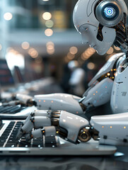 Fototapeta premium A white humanoid robot with glowing black eyes typing on an open laptop computer in the office