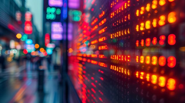 Led stock market ticker showing rising and falling prices with blurry city street in the background