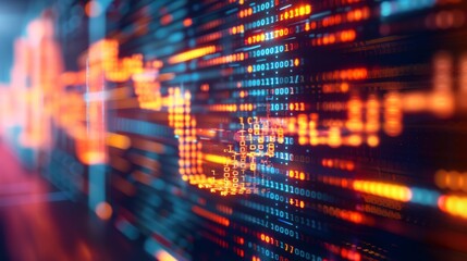 Abstract digital data and binary code depicting financial chart. Bright colors illustrating technology and data flow.