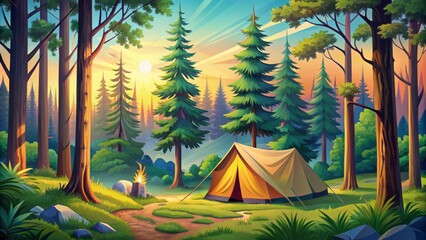 Vibrant colorful vector illustration of a serene forest campsite with trees, tent, and outdoor adventure emblems for travel event design.