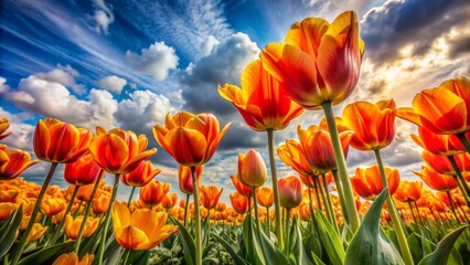 Vibrant orange and yellow tulips sway gently in the breeze amidst a vast, serene, and cloudy sky on a sunny day.