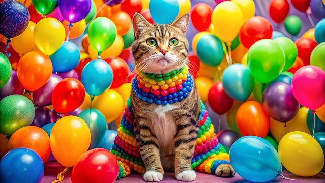 Vibrant feline friend adorned in colorful attire, frolicing in a sea of rainbow flags and balloons, ecstatic in joyful celebration atmosphere.