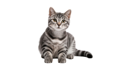 Gray tabby cat sitting isolated on transparent background