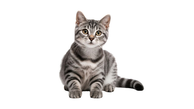 Gray tabby cat sitting isolated on transparent background