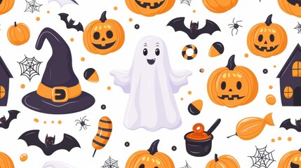 Colorful and fun Halloween scene with various elements.