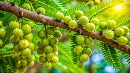 Vibrant ripe green Amla fruits clusters hang from gnarled tree branch amidst lush leaves in warm natural outdoor setting.