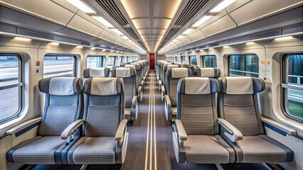 Fototapeta premium Modern, sleek, and empty interior of a high-speed train's sleeper class coach with rows of comfortable, cushioned seats and luggage racks.