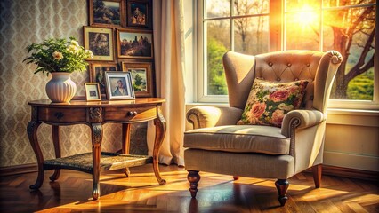 Warm sunlight illuminates a worn armchair with a few family photos on a side table, evoking a sense of love and nostalgia.