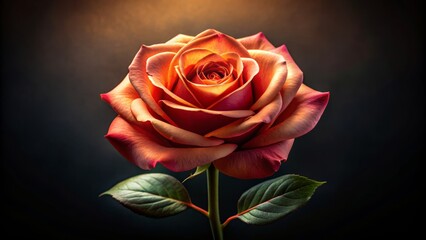 Fototapeta premium Vibrant coral-hued rose stands out against a dramatic black backdrop, its delicate petals and golden center exuding elegance and sophistication.