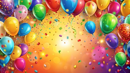 Vibrant confetti and balloons decorate a bright colored background with ample copy space for festive announcements or invitations.