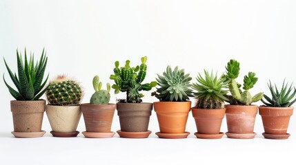 Fototapeta premium Assortment of potted desert plants on white backdrop with empty space