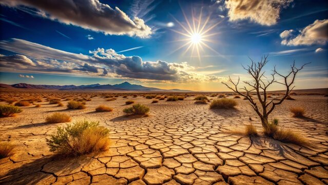 Barren, sun-scorched desert landscape featuring cracked, parched earth, withered shrubs, and vast, open skies devoid of any human presence.
