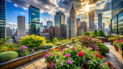 Fototapeta premium Lush greenery and vibrant flowers thrive on a rooftop oasis amidst towering skyscrapers in a bustling urban cityscape landscape.