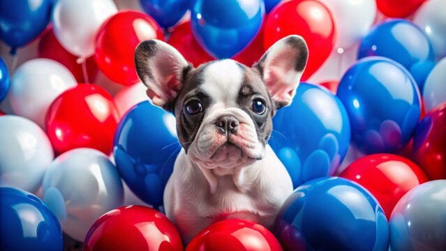 Tiny French Bulldog puppy sits amidst colorful balloons in red, white, and blue hues, exuding innocence and festive charm.