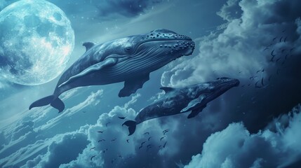 Fototapeta premium Blue whale swimming in the sky with clouds and moon