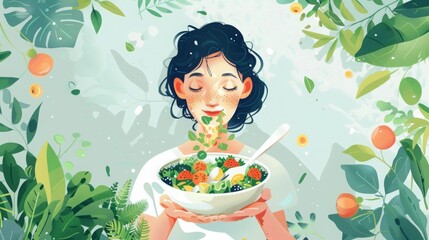 Woman enjoying a healthy and delicious salad surrounded by vibrant, green foliage. Concept of healthy eating, veganism, and wellbeing.