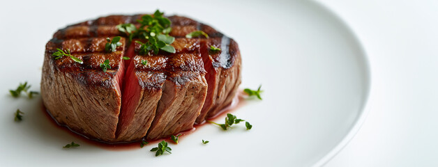Sliced Juicy Filet Mignon Topped With Fresh Herbs On White Plate