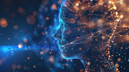 Digital background featuring an AI head with glowing lines and light effects