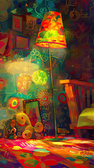 Naklejka premium Digital painting of whimsical lamp in colorful nursery, playful toys, vibrant details, cheerful atmosphere.