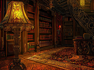 Obraz premium Intricate floor lamp lights up opulent study, bookshelves, grand desk, rich highlights, deep shadows.