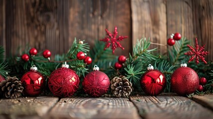 Holiday ornaments on a wooden backdrop