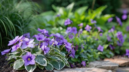 Obraz premium Purple blossoms of Vinca major Variegata enhancing a spring garden