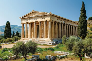 Obraz premium Ancient Doric temple ruins in Agrigento, Sicily, Italy, surrounded by trees and greenery with a mountainous backdrop under a clear blue sky.
