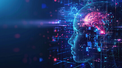 Fototapeta premium Digital background featuring an AI head with glowing lines and light effects