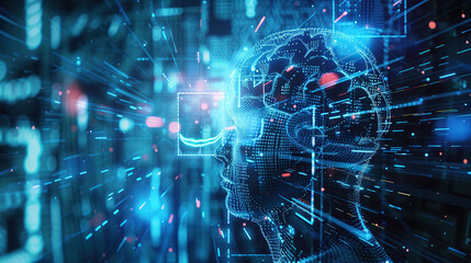 Obraz premium Digital background featuring an AI head with glowing lines and light effects
