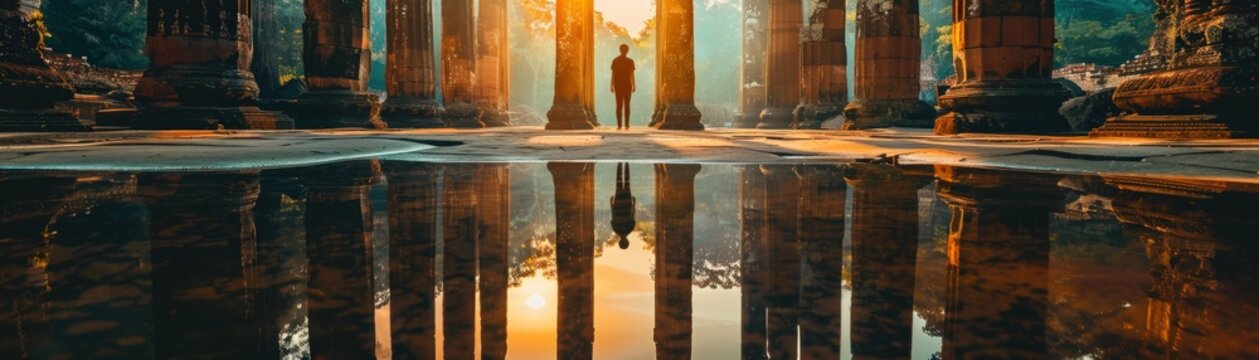 Ancient temple ruins with majestic sunrise reflected in tranquil water, creating a serene and mystical atmosphere.