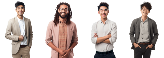 Set of Portrait of young business man happy smiling and standing posing arms crossed, isolated on white background, png	