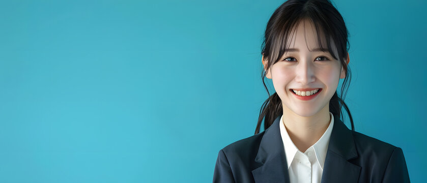 Portrait of a beautiful and young Japanese female teacher with blue background and copy space for text, back to school.